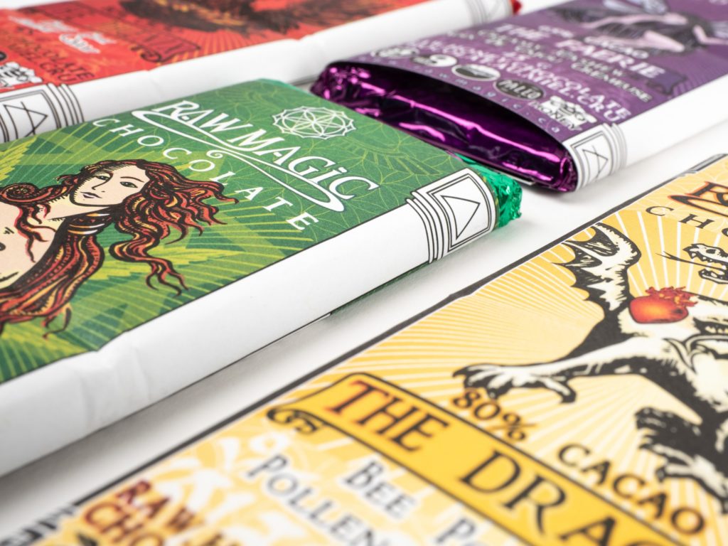 A side view of the custom chocolate packaging by Raw Magic.