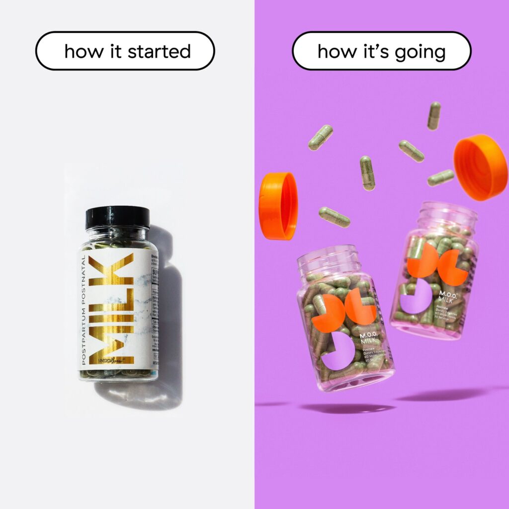 MOO supplements packaging before and after rebranding