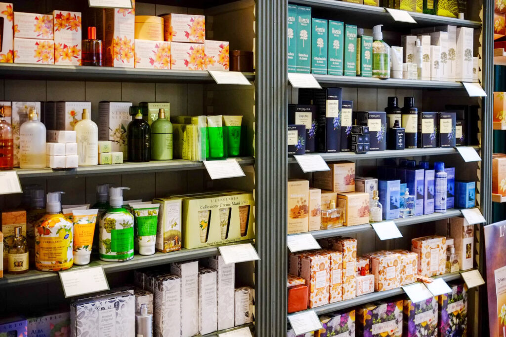 Vibrant setting of a store shelf stacked with colorful packaged products.