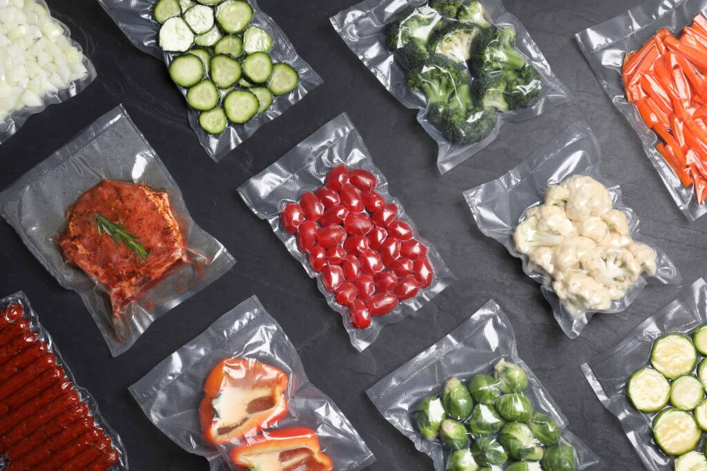 Flat lay composition of different food in vacuum packings on dark grey table